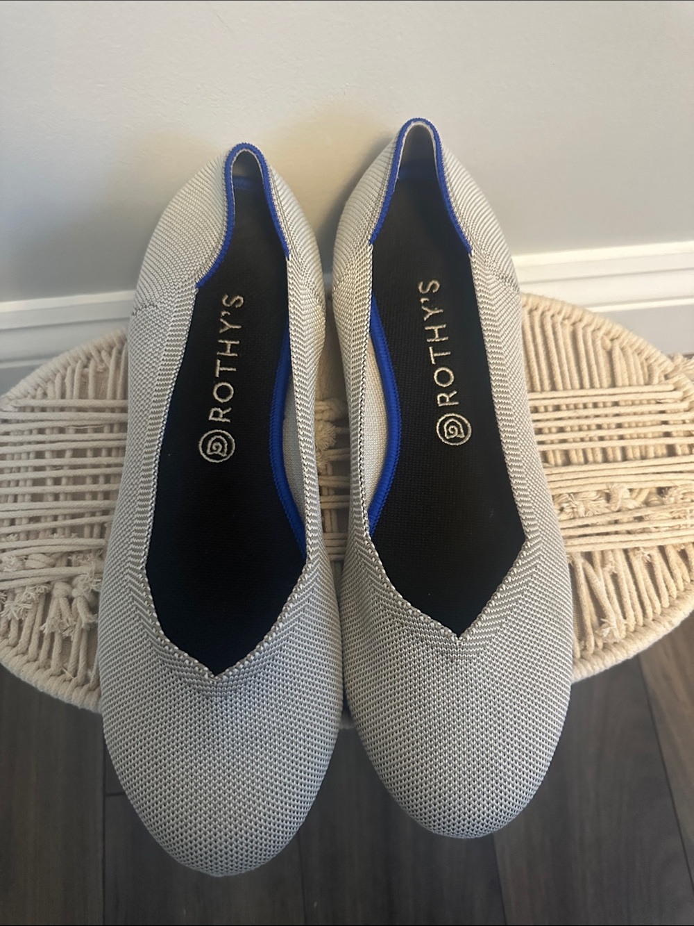 Rothy's Women's Pointed Knit Flats in Light Gray with Blue Trim